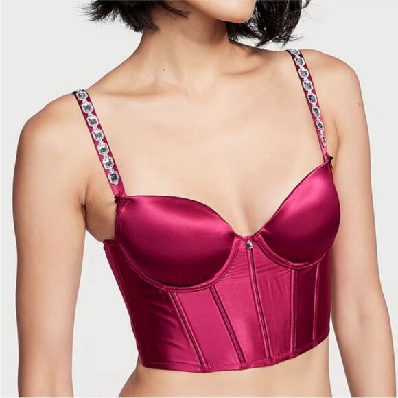 VICTORIA’S SECRET DREAM ANGELS RHINESTONE STRAP RASPBERRY CORSET BUSTIER TOP 34D - Picture 1 of 9
